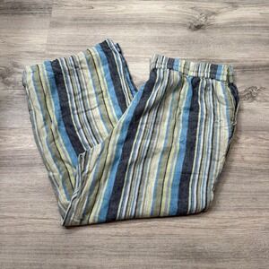 Naturals d&co Striped Linen Blend Pants Women‎ XLP Elastic Waist Blue Green